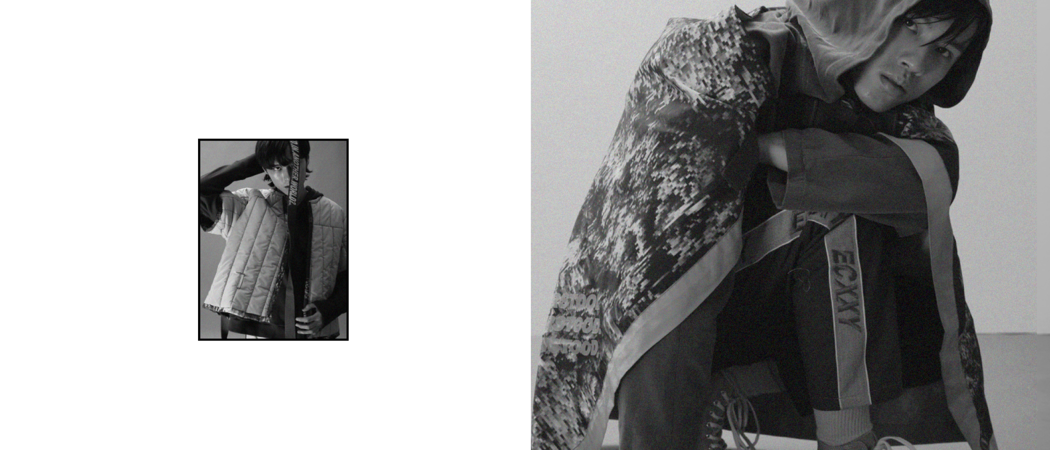 Another World — monochrome editorial, digital-camo layering