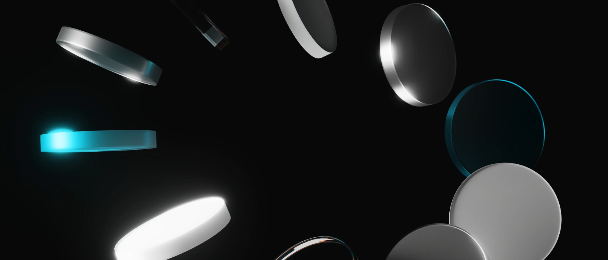Bitget — material discs in metal, glass, basalt and luminescent cyan floating on black