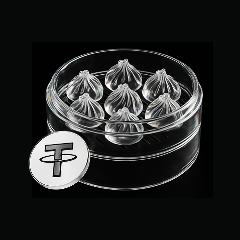 Bitget Taiwan — a glass steamer of soup dumplings with a metal Tether token