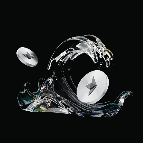 Bitget Taiwan — a cresting glass ocean wave with two metal Ethereum tokens