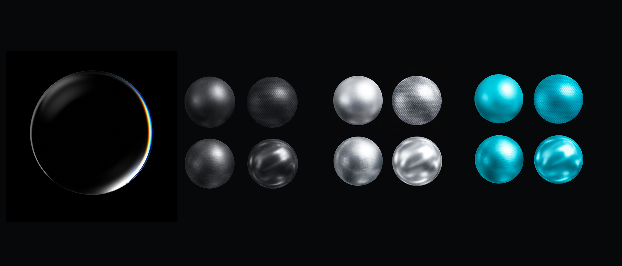 Bitget — material spheres: glass, basalt, brushed and polished metal, and luminescent cyan in matte and gloss finishes