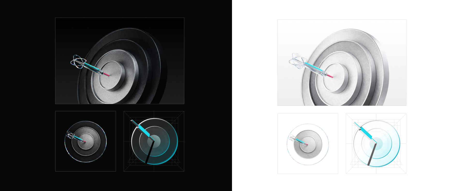 Bitget — target and dart object on dark and light grounds, with detail levels and wireframe construction