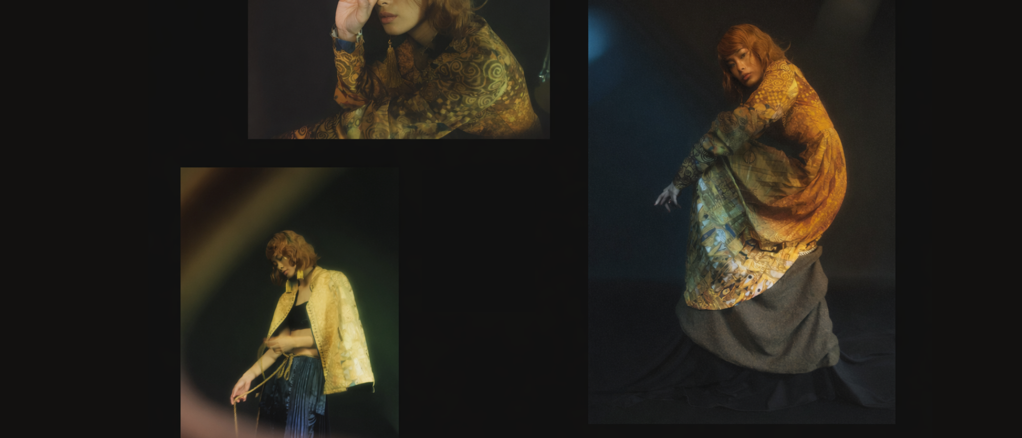 Klimt with his Golden Woman — editorial portrait, gold textile