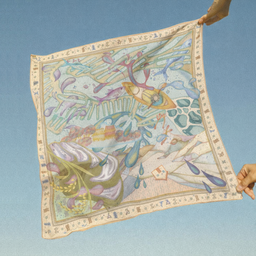Liminar scarf — full flat artwork held against the sky