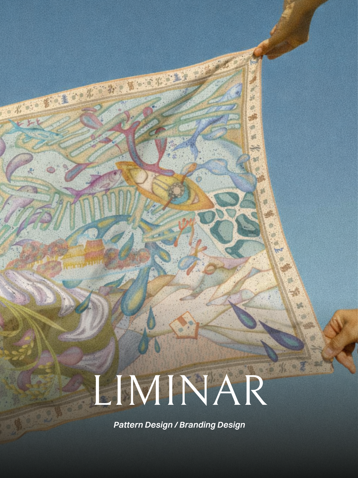 Liminar — silk scarf held against the sky, full watercolour pattern