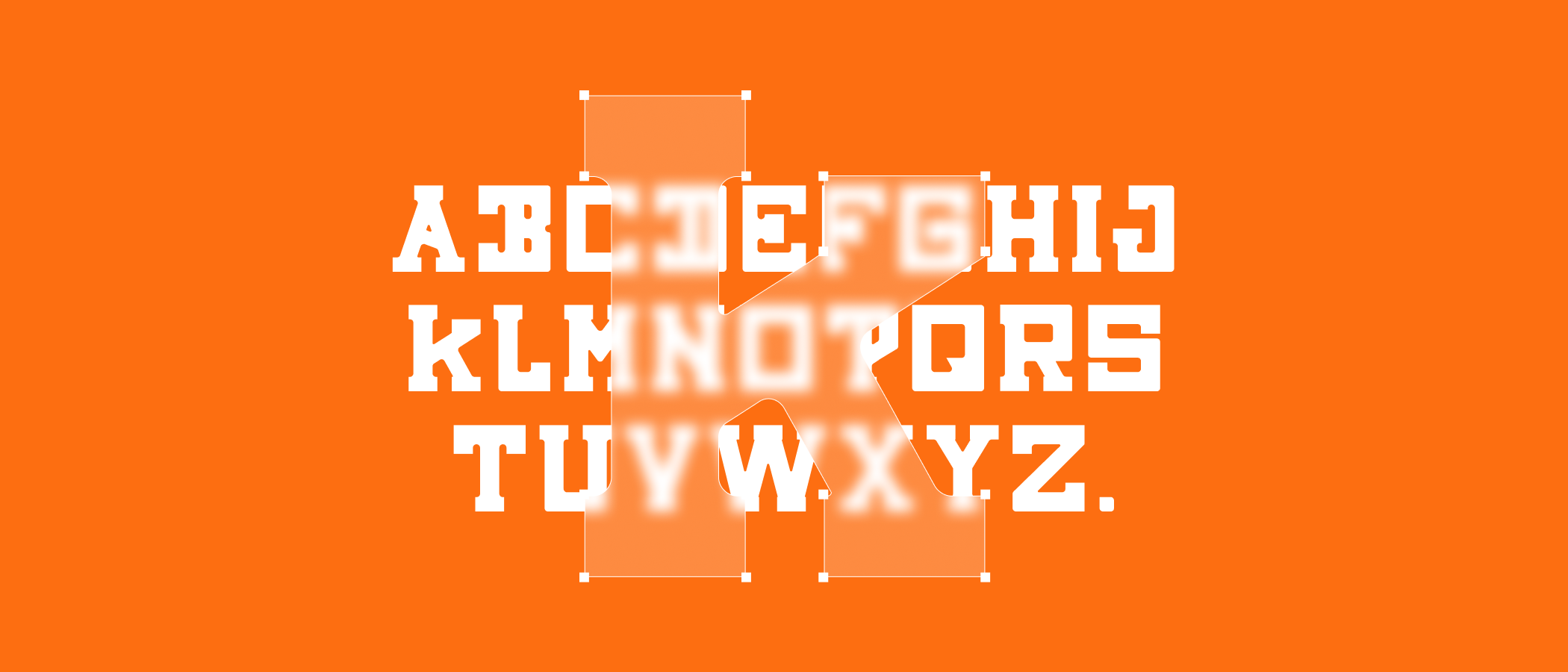 Orange Shift — full alphabet slab face with letterform K overlay, orange
