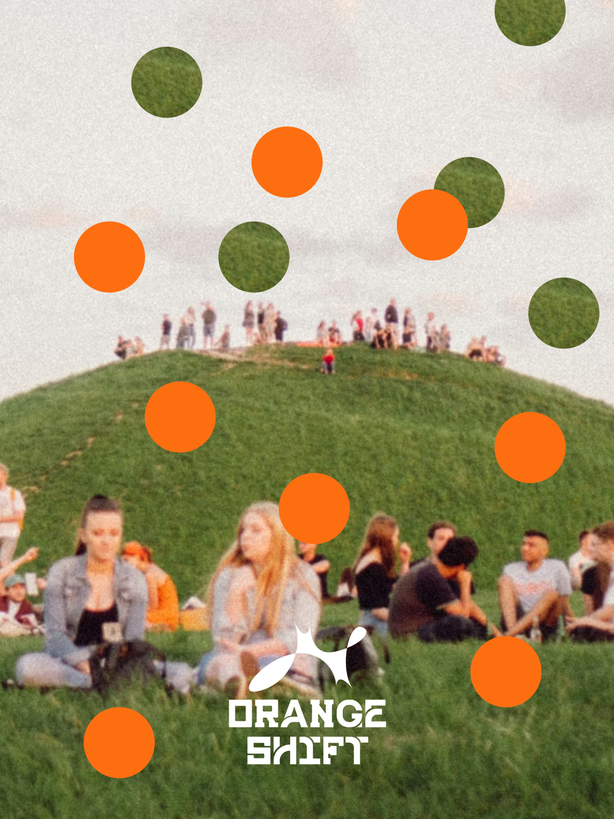 Orange Shift — orange & green dot collage, festival crowd